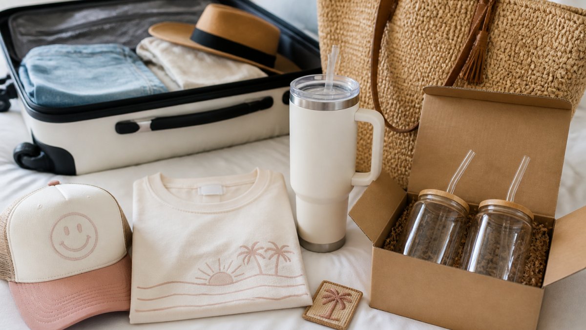 Flat lay of bachelorette trip accessories including a trucker hat, custom tee, tumbler, and gift box near a suitcase.