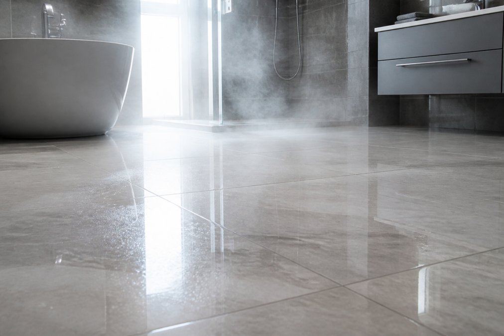 Close-up of large-format porcelain tile installed in a modern bathroom with glossy finish and minimal grout lines, steam visible on the surface under bright lighting
