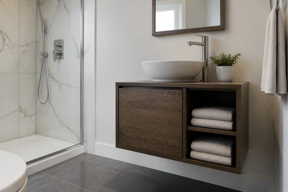 A bright, compact bathroom with a wall-mounted vanity, a small vessel sink, and neatly folded towels on open shelving, photographed from a slight angle showing the floor clearance beneath the cabinet