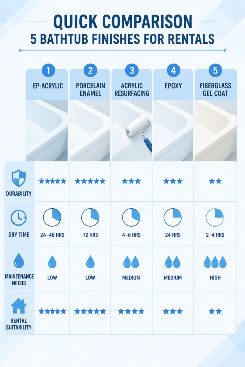 Comparison matrix of five bathtub finishes (EP-ACRYLIC, porcelain enamel, acrylic resurfacing, epoxy, fiberglass gel coat) rated on durability, dry time, maintenance needs, and rental suitability