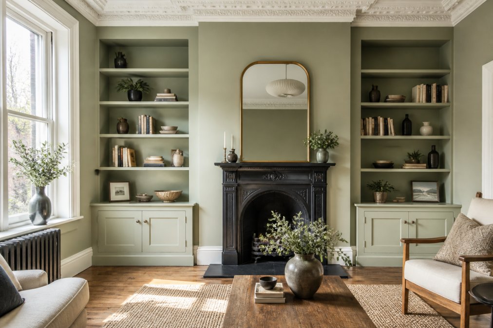 A bright Victorian living room with custom floor-to-ceiling alcove shelving flanking a cast-iron fireplace, painted in a soft heritage colour, with warm natural light streaming through a sash window