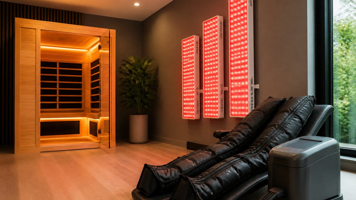 Modern wellness spa interior showcasing infrared sauna with warm glow, red light therapy panels on walls, and sleek recovery equipment arranged in serene, minimalist setting with soft natural lighting
