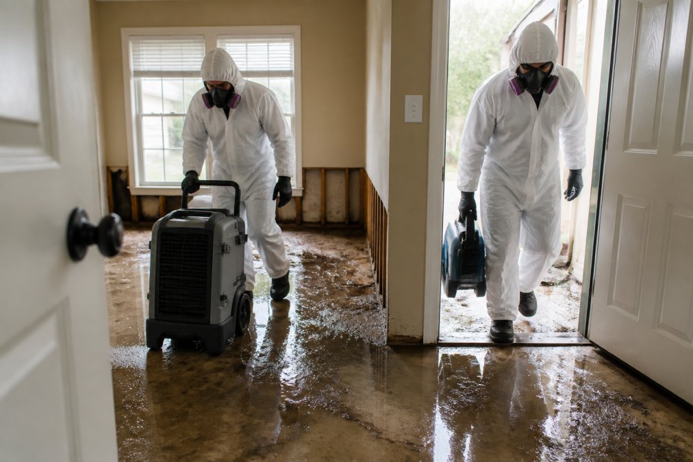 Two IICRC-trained restoration technicians in white protective suits, gloves, and respirators carrying water extraction equipment into a residential home with visible sewage-contaminated water on the floor, natural daylight through windows