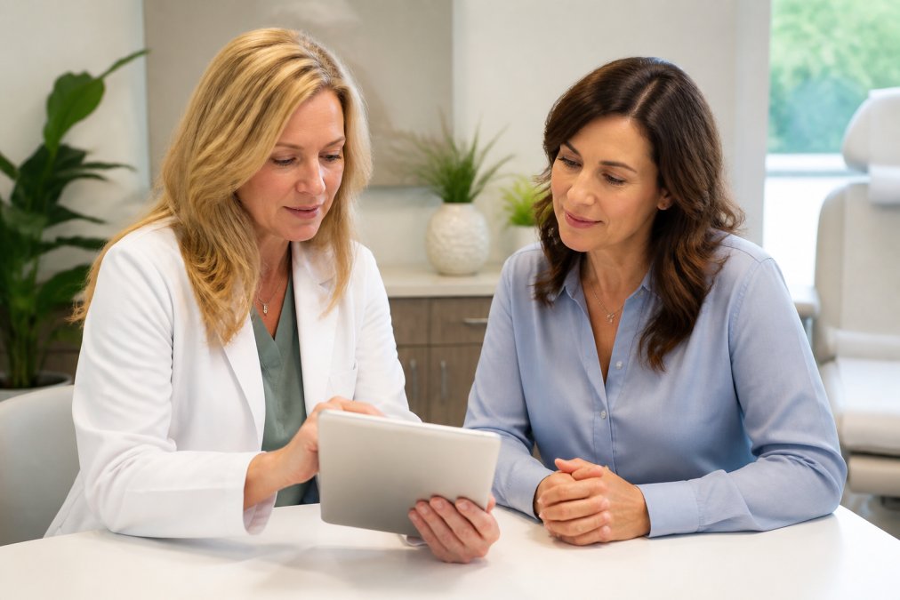 Physician consulting with a patient about a bioidentical hormone therapy plan on a tablet in a modern clinic.