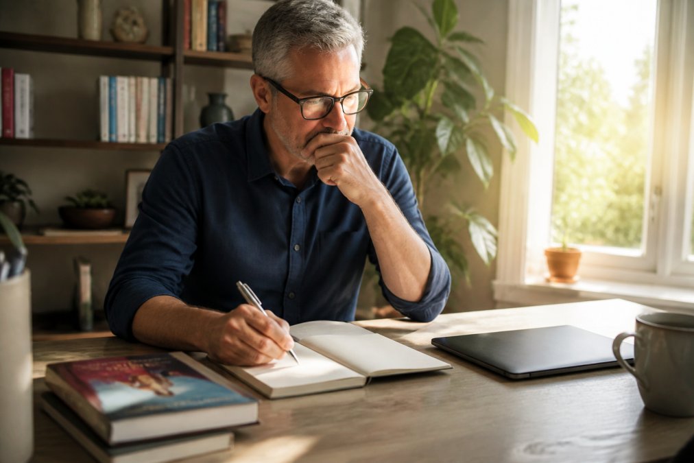 Entrepreneur reviewing book publicity services on a laptop in a sunlit home office with a book on the desk.