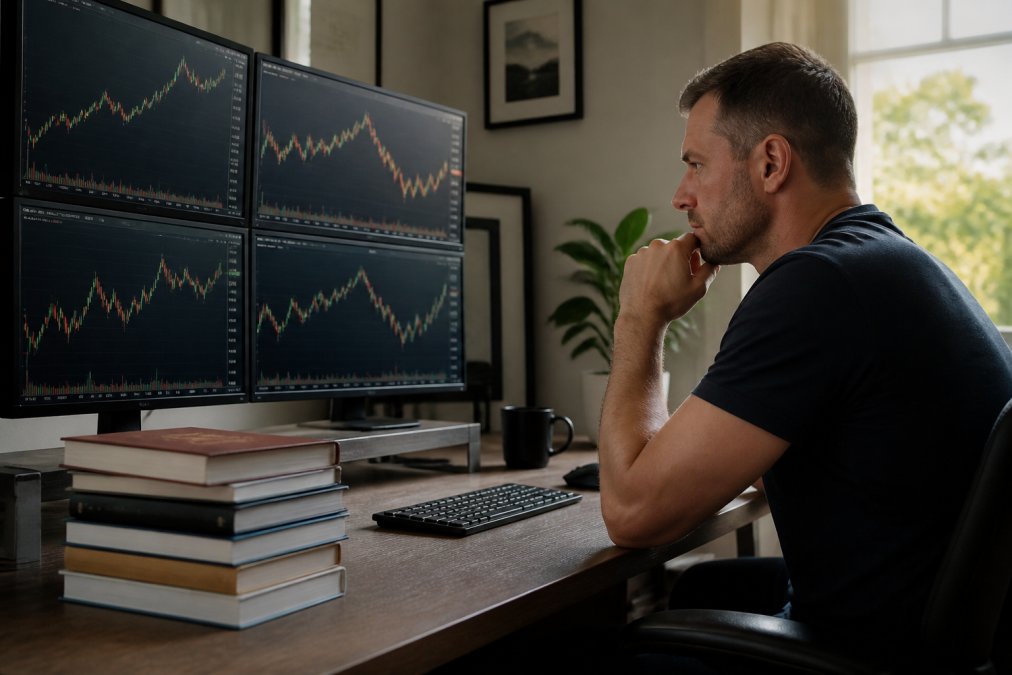 Professional trader focused intently at desk with multiple monitors displaying market charts, hand on chin in deep concentration, trading books stacked on side of workspace, natural office lighting