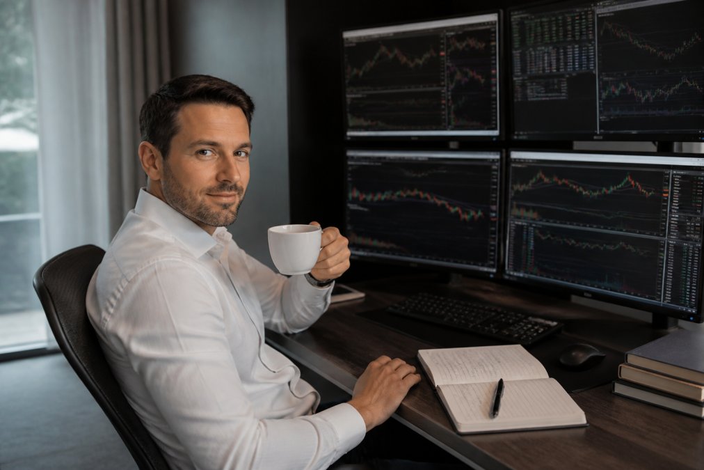 Professional trader sitting relaxed at desk with multiple-monitor automated trading dashboard displayed, showing calm confidence with coffee cup and trading journal visible, professional office lighting