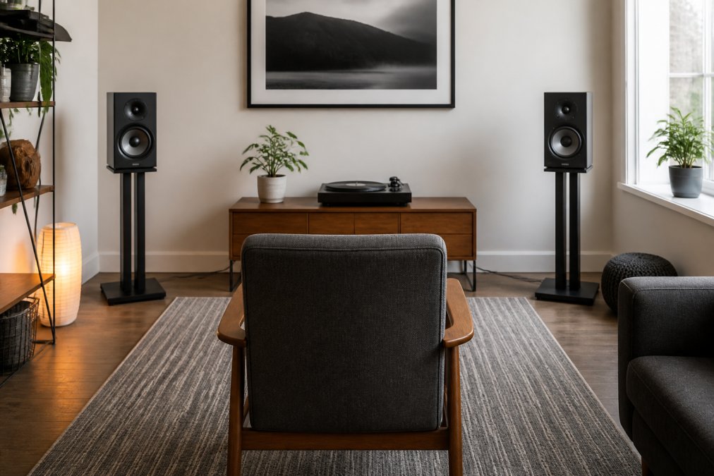 A pair of compact bookshelf speakers on slim stands against a living room wall, a central listening chair positioned in an equilateral triangle, soft daylight from a nearby window