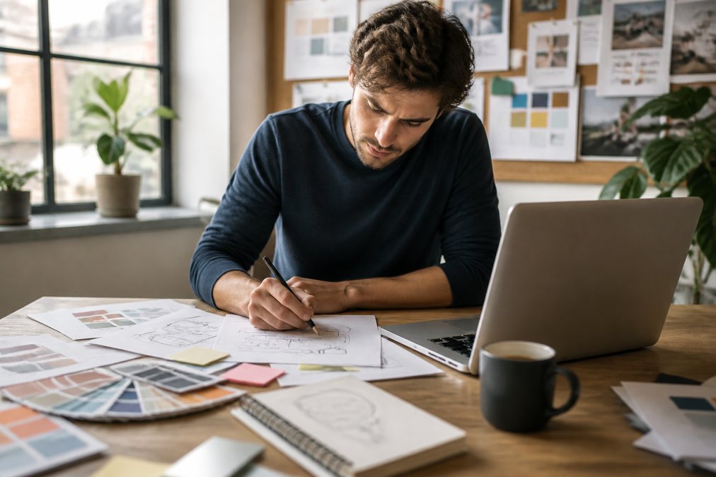 Startup founder working at desk with laptop, reviewing brand sketches and colour swatches, surrounded by design materials, coffee cup, and inspiration board with warm natural lighting from office window