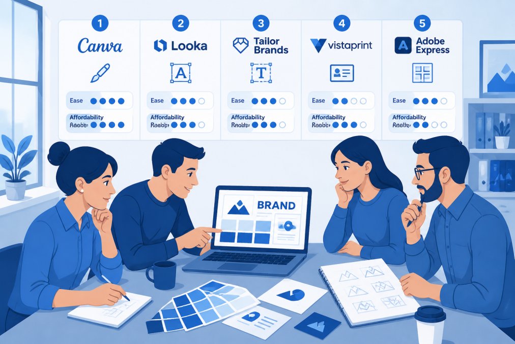 Small business team gathered around table reviewing branding materials on laptop screen, discussing design options with colour swatches and sketches visible, natural office lighting