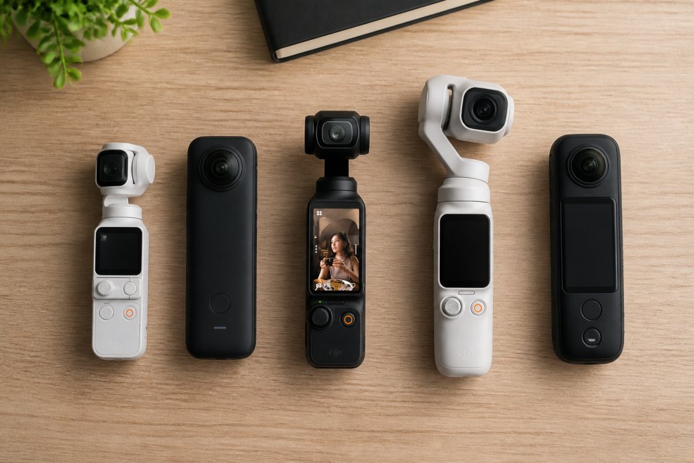 Flat lay of five different budget cameras and smartphone gimbals arranged on a clean desk with soft natural lighting, showing size and form factor differences