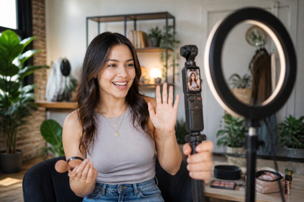 Content creator filming vertical video on smartphone mounted on gimbal with ring light setup in a home studio environment