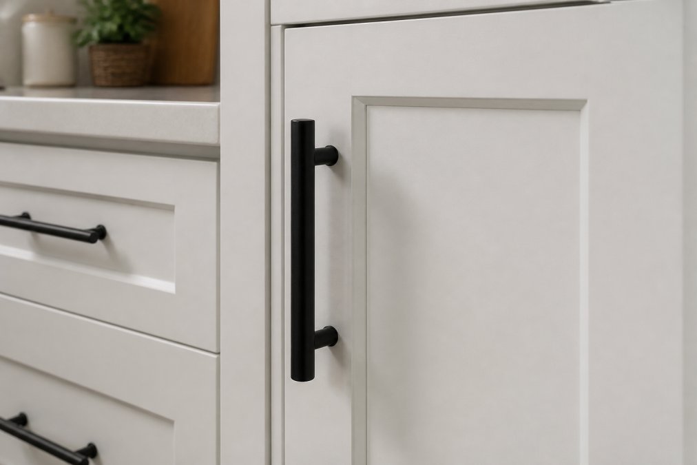 Close-up of a white shaker cabinet door with matte black bar pull hardware installed, showing the finish detail and how it contrasts against the cabinet face in natural kitchen lighting