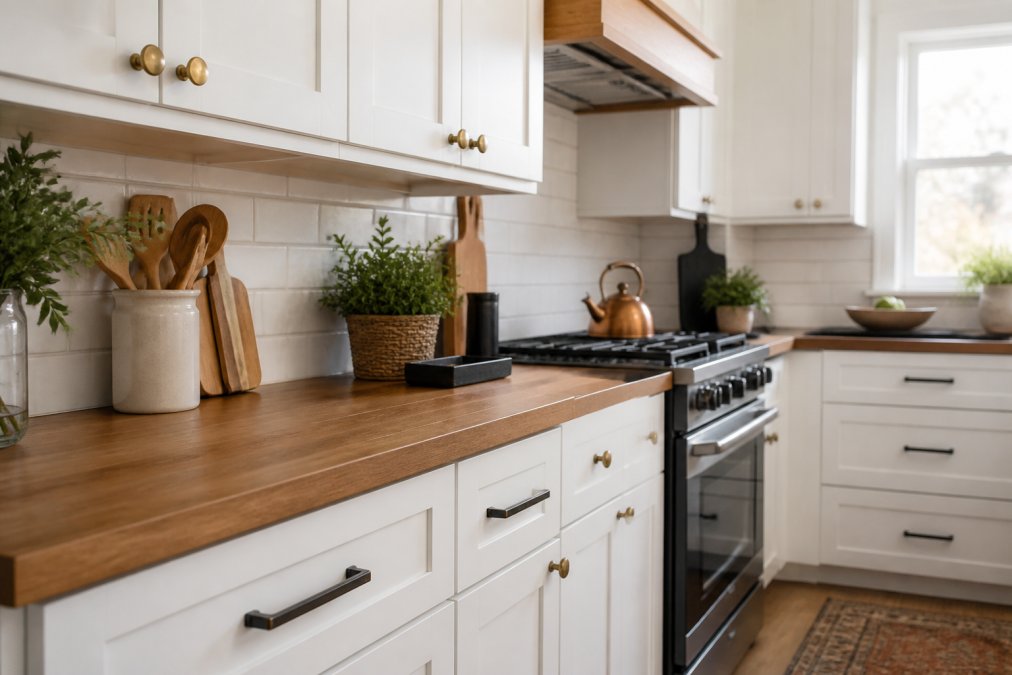 Modern farmhouse kitchen with mixed hardware finishes on upper and lower cabinets, showing satin brass and oil-rubbed bronze working together in the same space with white shaker doors and warm wood countertops