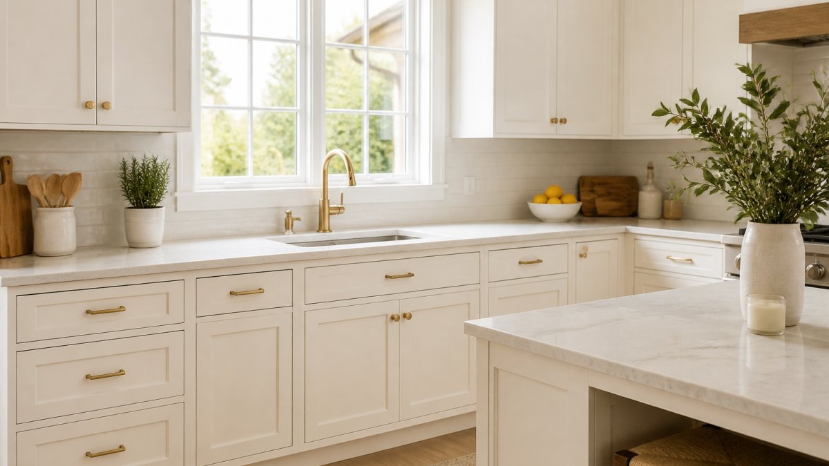 A bright freshly painted kitchen with warm white shaker cabinets, brushed brass hardware, quartz countertops, and natural light coming through a window over the sink