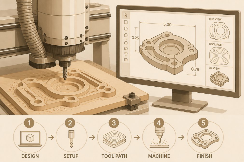 Close-up of a CNC machine router cutting a precision part from wood, with a monitor displaying a CAD design in the background showing dimensions and tool paths