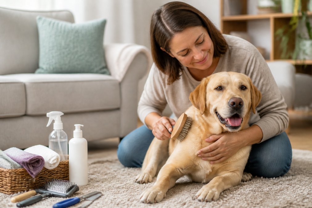 A calm dog being gently groomed with a soft brush by a caring owner in a bright, tidy home environment, with the dog looking relaxed and comfortable
