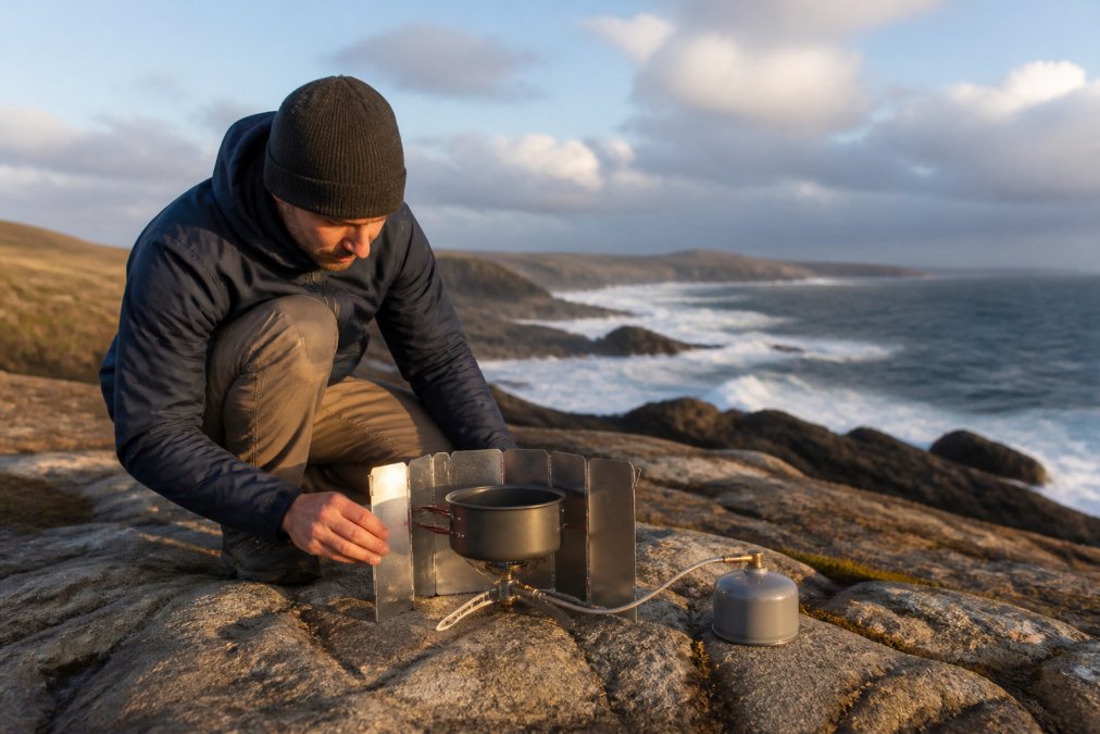 Camper using folding camping stove wind shields to cook on a windy, rocky coastal cliff at sunset.