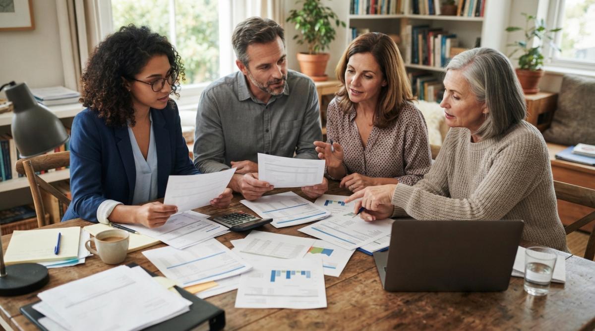 A diverse group of people of different ages (young professional, middle-aged couple, older adult) reviewing financial documents and investment statements together at a table with a laptop and coffee
