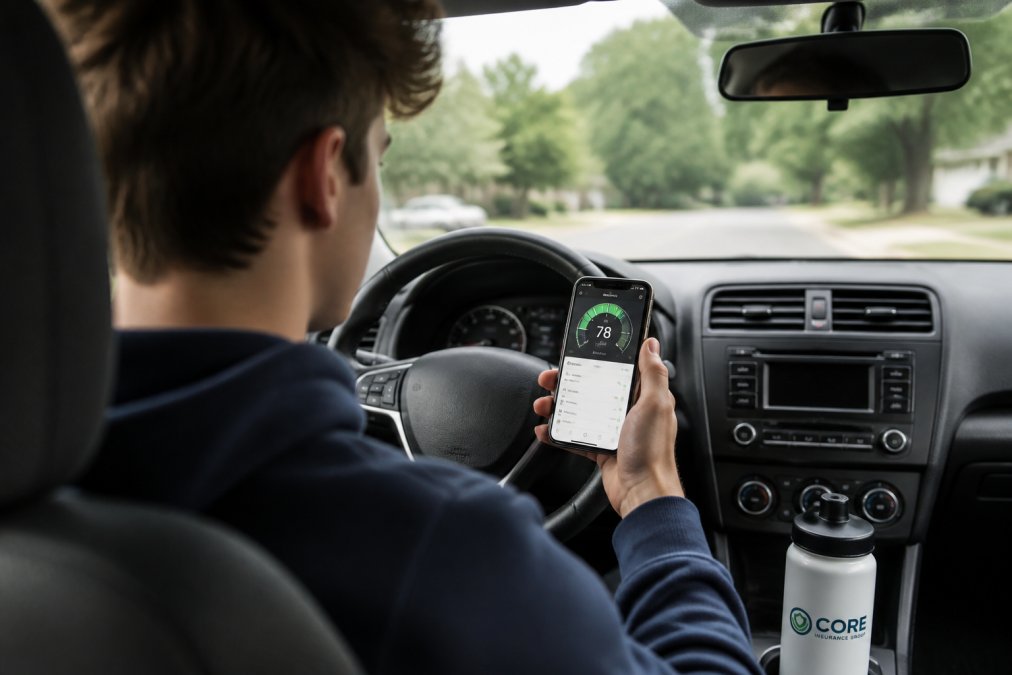 Young driver checking smartphone app while sitting in driver's seat of car, showing telematics program interface with driving score displayed, natural daylight through windshield