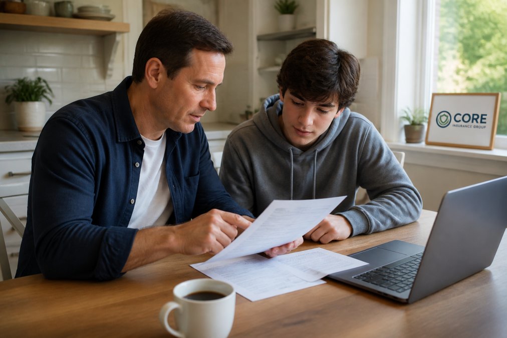 Parent and teenage driver reviewing insurance documents together at kitchen table with laptop, coffee, and paperwork, warm natural lighting from window