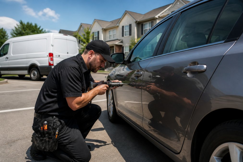 A mobile locksmith kneeling beside a car door in a suburban parking lot, using a specialized key cutting tool, with a white service van marked with locksmith branding visible in the background under bright midday sun