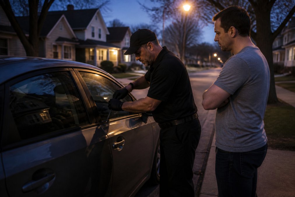 A locksmith in a dark uniform using a slim jim tool along the door frame of a sedan on a quiet residential street at dusk, with warm streetlight overhead and the driver standing nearby