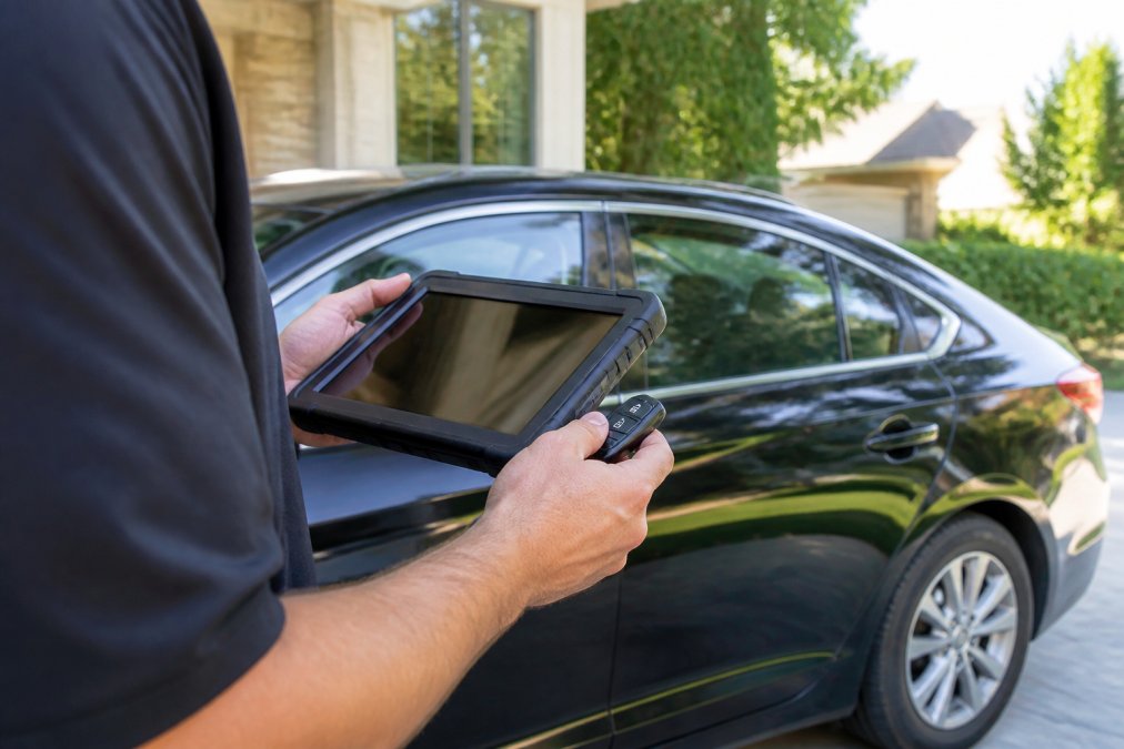 Close-up of a professional automotive locksmith's hands using a diagnostic tablet to program a modern key fob beside a sedan in a sunlit residential driveway