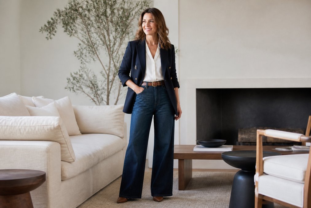 Stylish woman over 40 wearing a navy blazer and wide-leg jeans for elevated casual outfits in a sunlit room.