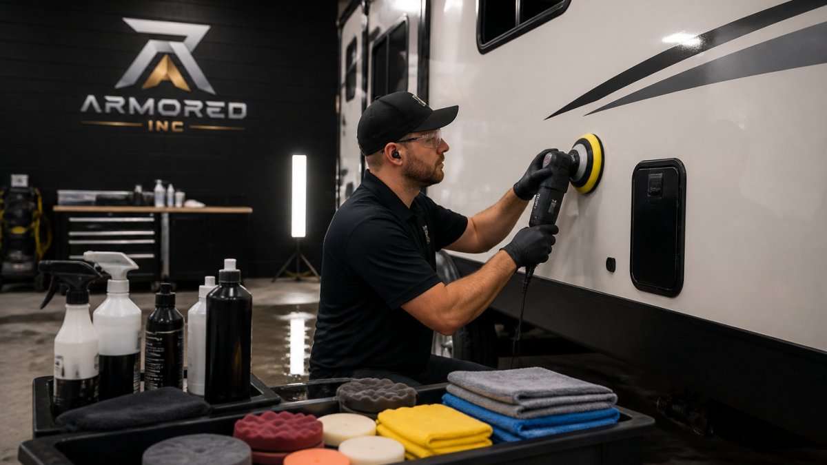 Technician performing paint correction on a travel trailer before applying the 5 best ceramic coating products