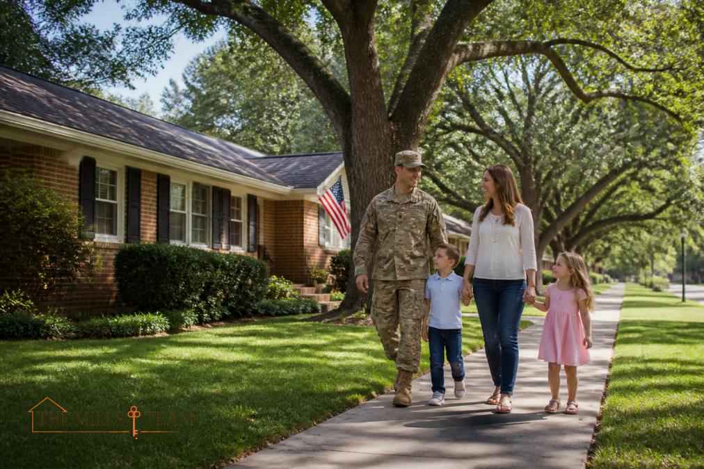 A military family with two young children walking on a sidewalk in front of a brick ranch-style home in a quiet suburban neighborhood with large oak trees