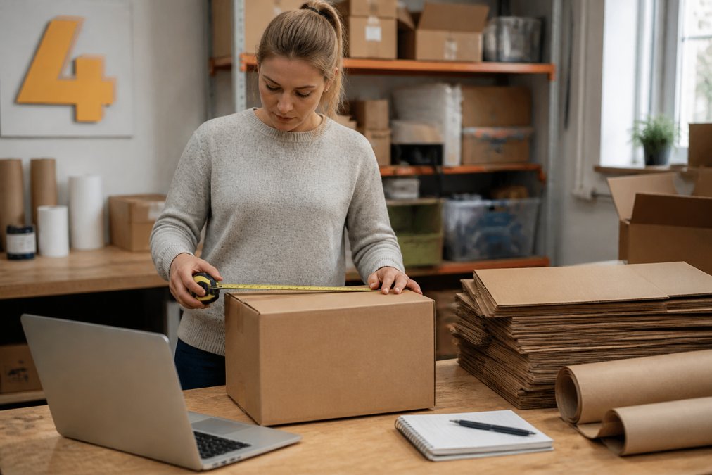 Small business owner measuring dimensions of cheap shipping boxes to calculate costs