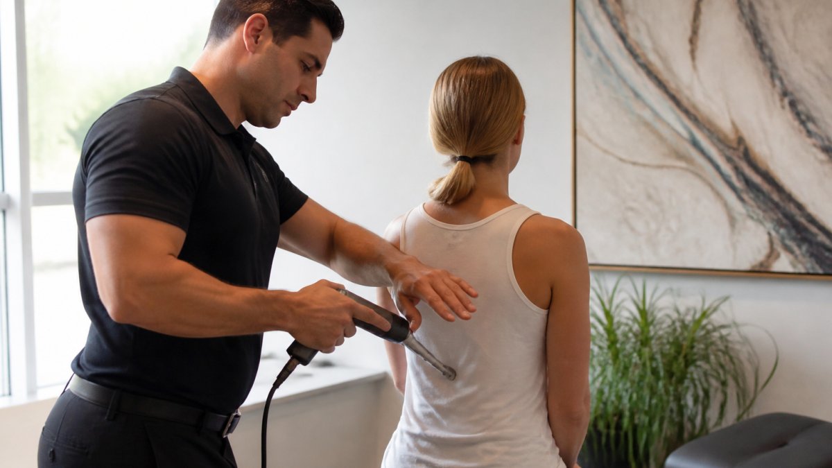 A chiropractor in a bright, modern clinic examining a patient's spine with a handheld diagnostic tool, warm and professional atmosphere