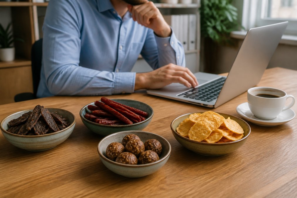 Professional at desk with assorted clean label snacks including biltong strips, meat sticks, protein chips, and energy bites arranged beside laptop and coffee cup with natural office lighting