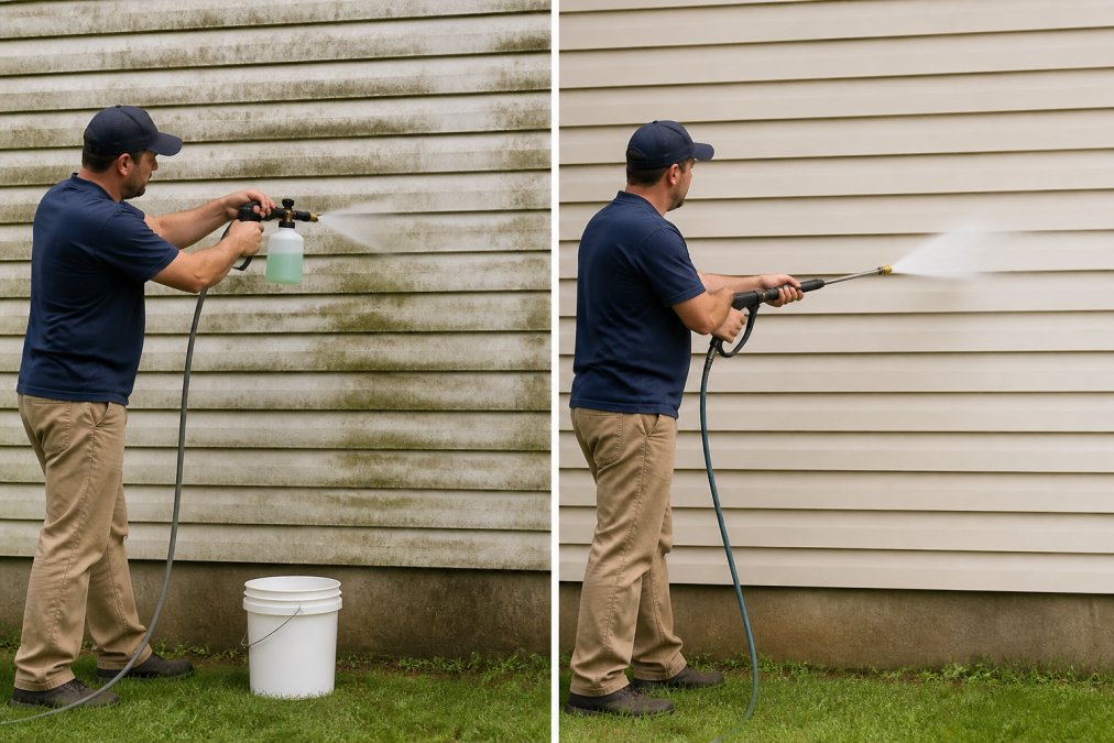 Homeowner cleaning residential siding with a low-pressure soft wash nozzle and cleaning solution on a sunny day