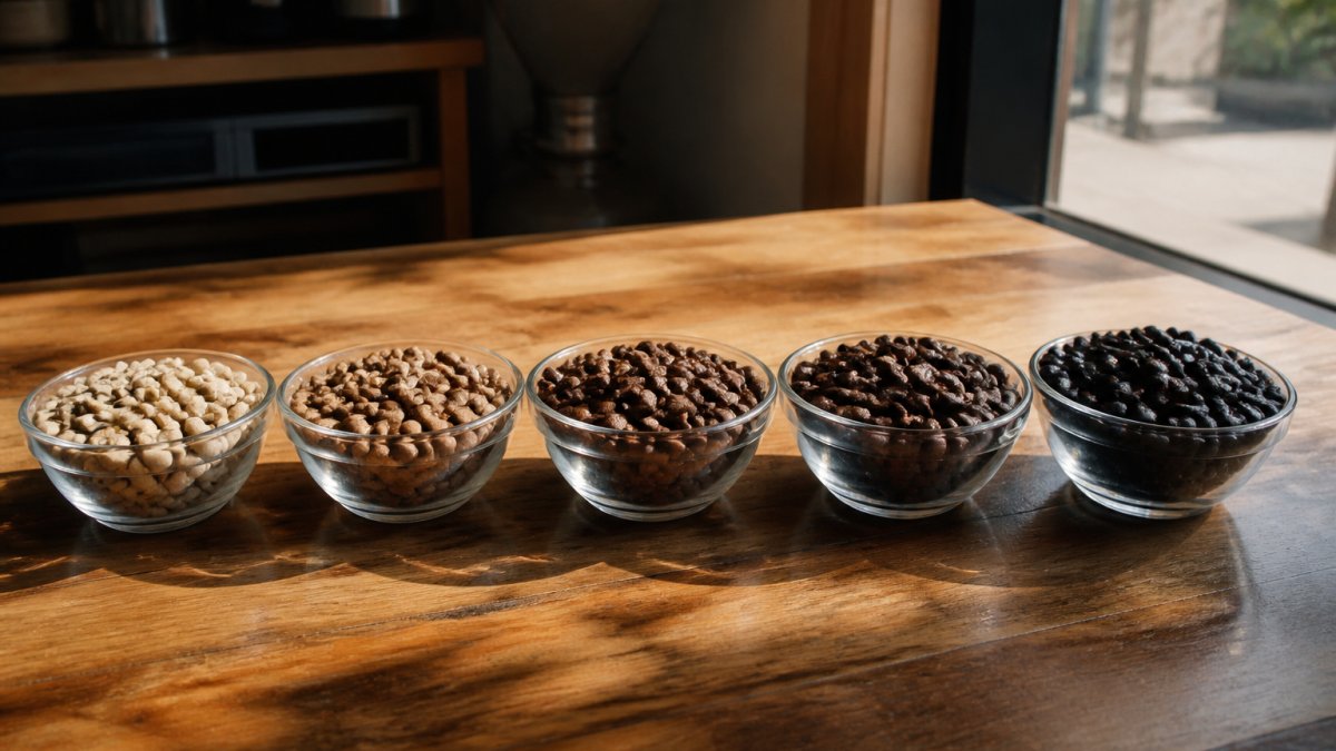 Five small glass bowls of whole coffee beans arranged in a row on a wooden counter, each bowl showing a progressively darker roast from pale tan to oily near-black, morning light from a window
