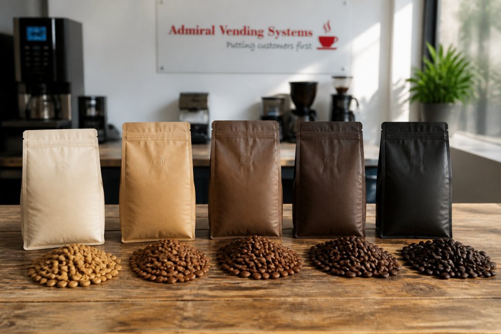 Five different coffee bean bags arranged on a wooden surface showing variety in roast colours from light to dark, with fresh whole beans visible beside each bag in natural morning light