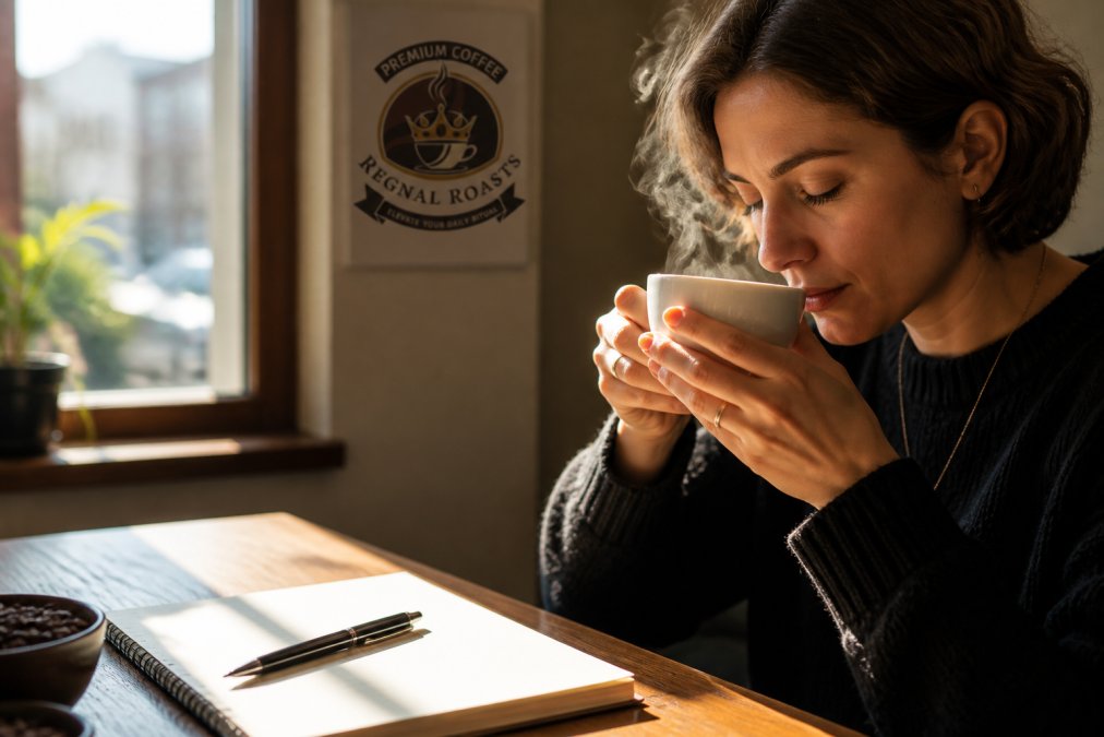 Infographic illustrating the sensory process of identifying coffee notes with a tasting guide and notebook.