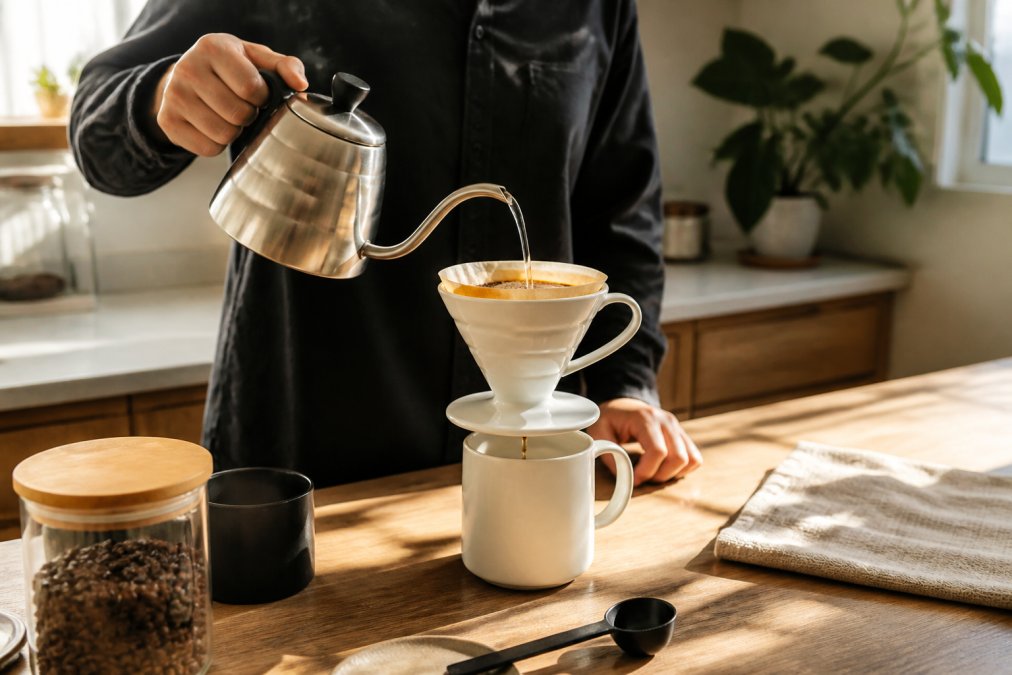 Hands pouring hot water from a gooseneck kettle over a ceramic pour-over cone filled with medium-fine coffee grounds, with a white ceramic mug positioned below catching the amber-colored brew, morning sunlight streaming across the kitchen counter