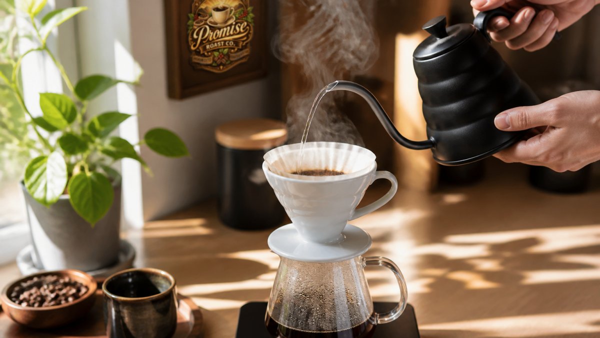 Hands pouring hot water from a gooseneck kettle into a pour-over dripper, one of many precise coffee brewing methods.