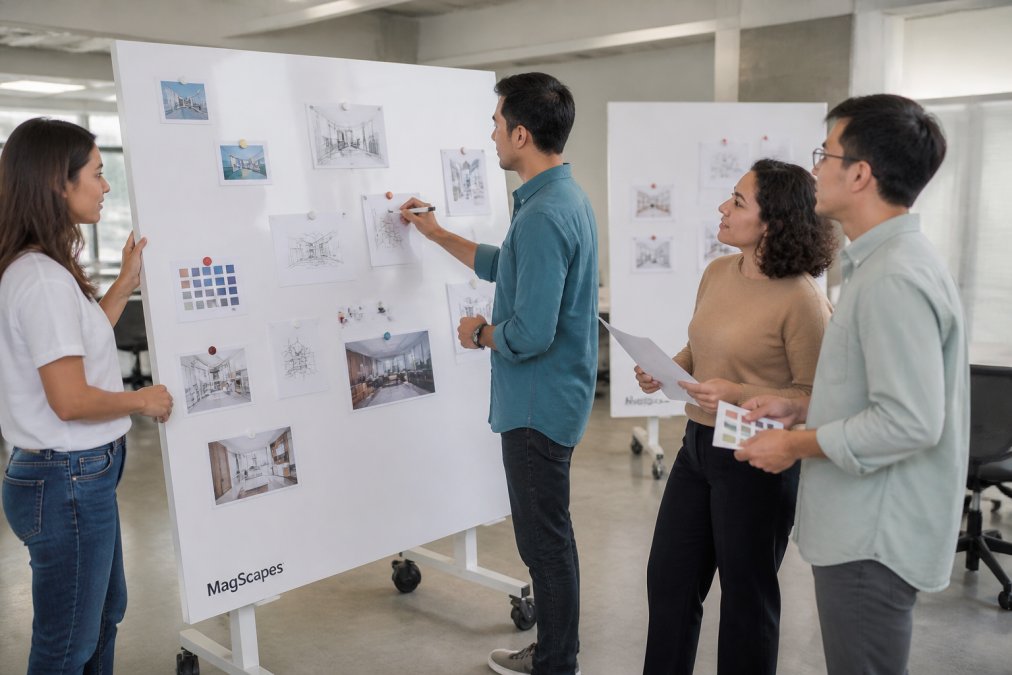Diverse group of designers collaborating in an open-plan studio, using mobile magnetic boards on wheels to divide workspace and display project work with magnets holding sketches and colour samples