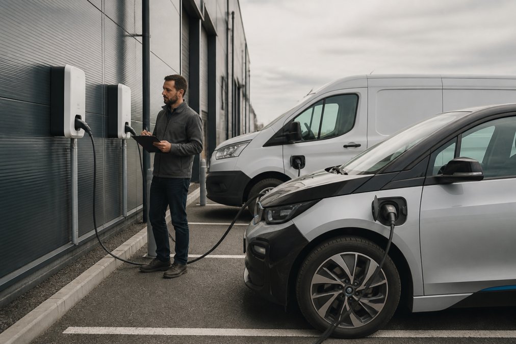 Business owner checking workplace ev charging grants at a commercial parking lot with fleet vehicles plugged in