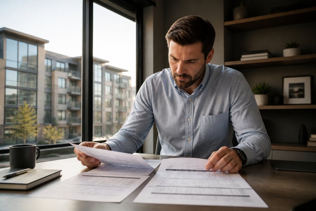 A commercial real estate investor in a button-down shirt reviewing printed loan term sheets spread across a modern desk, a multifamily apartment building visible through the window behind him, soft morning light