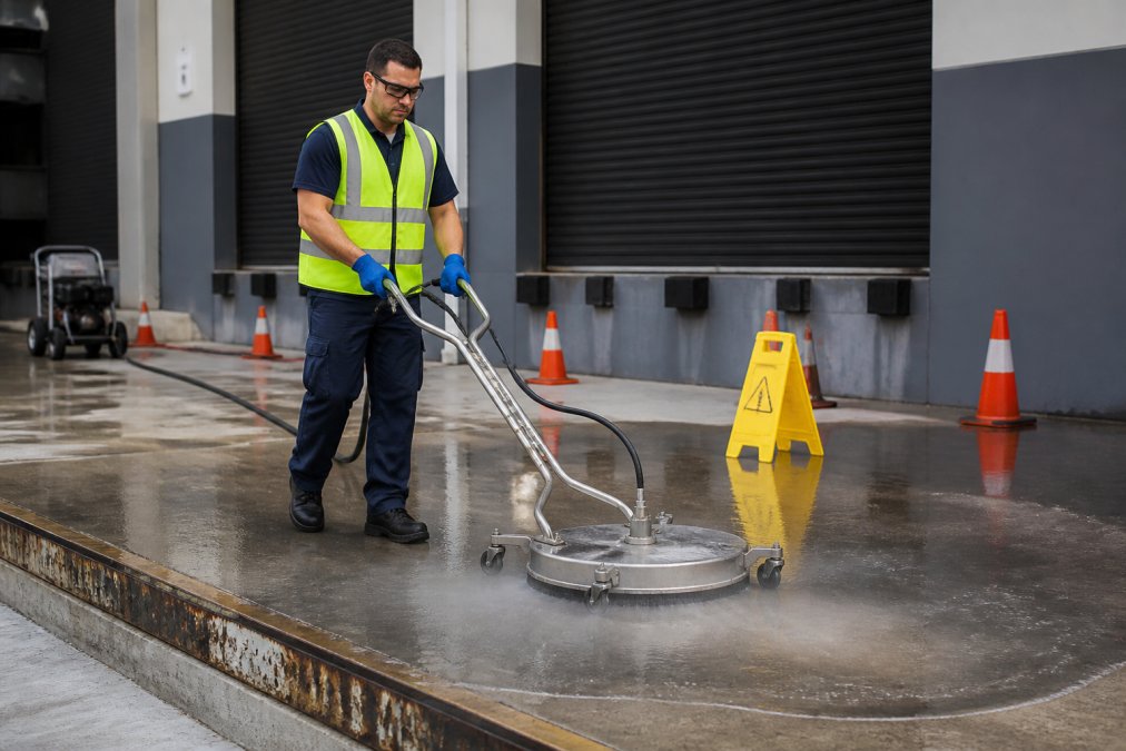 A commercial pressure cleaning technician in high-visibility vest, safety goggles and gloves operating a rotary surface cleaner on a concrete loading dock, with safety cones and a wet floor sign visible in the background