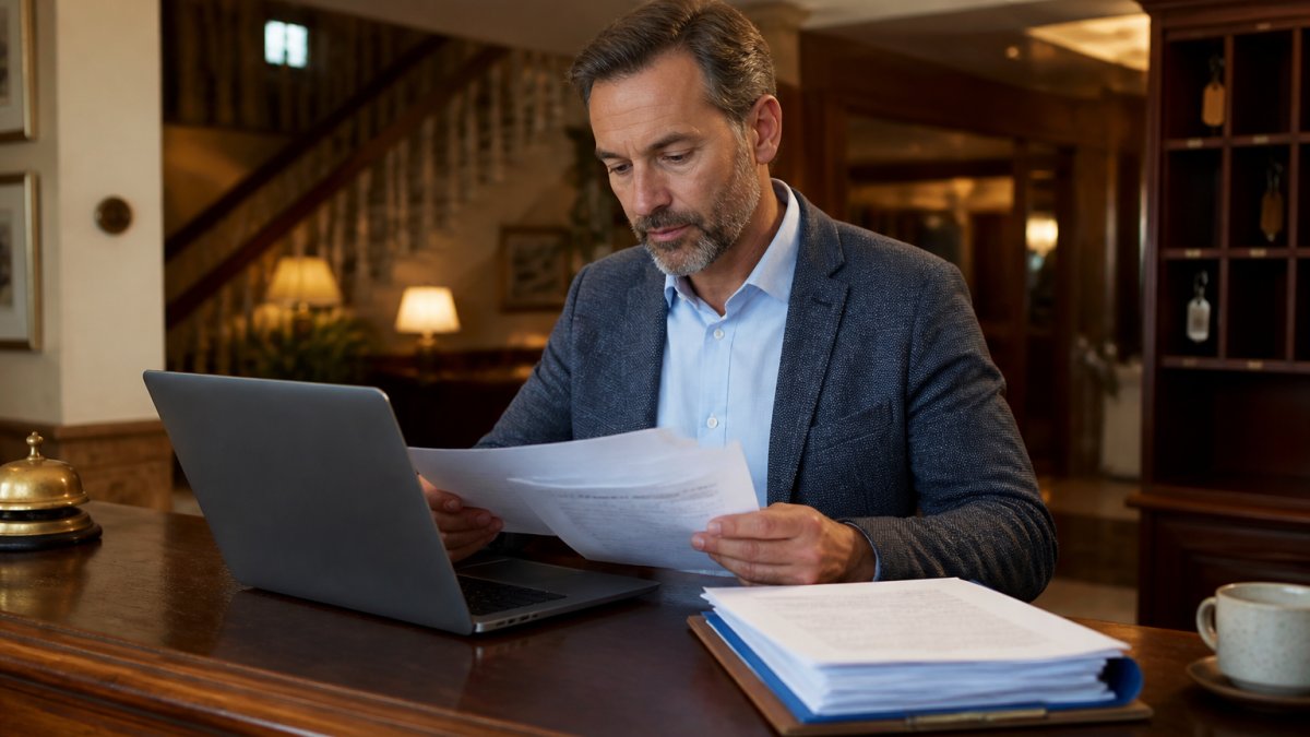 A small hotel owner reviewing insurance documents at a front desk, with a laptop and coffee nearby in a warmly lit lobby