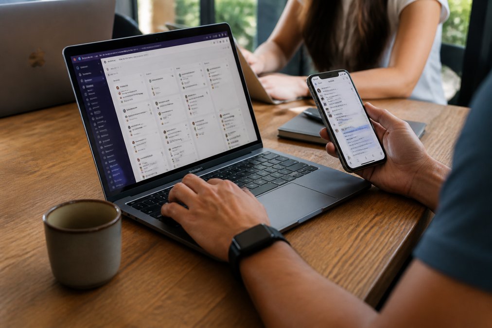 Close-up of hands using a laptop and smartphone to collaborate, with project management and messaging apps visible on screens representing digital tools for remote teamwork, natural lighting