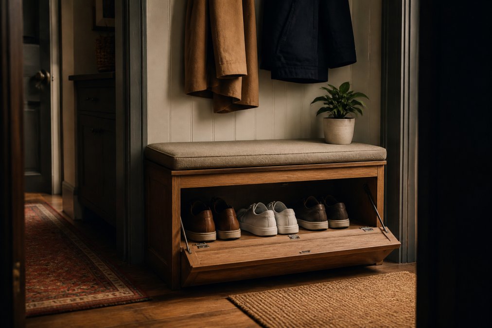 Wooden bench with hidden shoe storage and wall hooks for compact entryway storage in a narrow hallway