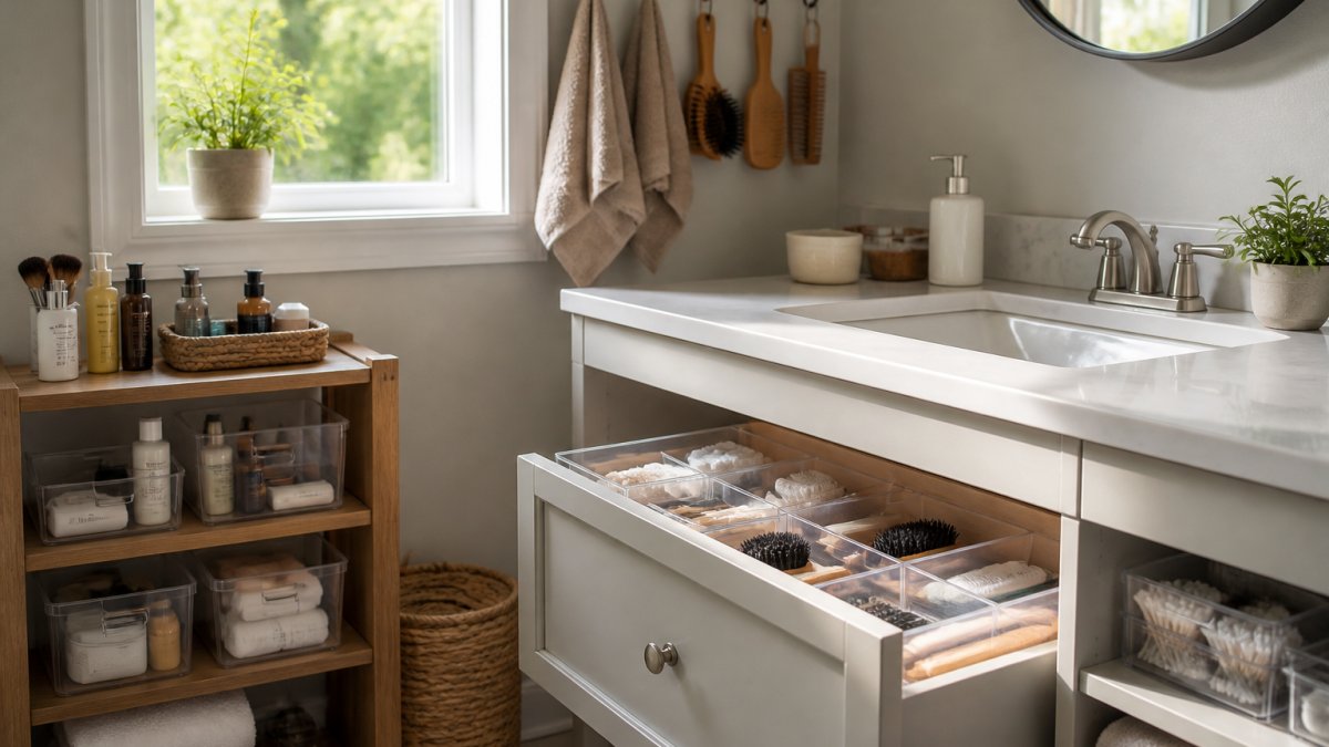 Small bathroom vanity with wall-mounted hooks holding towels and grooming tools, clear drawer dividers organising brushes and small items, transparent storage containers on shelves, natural morning light from window