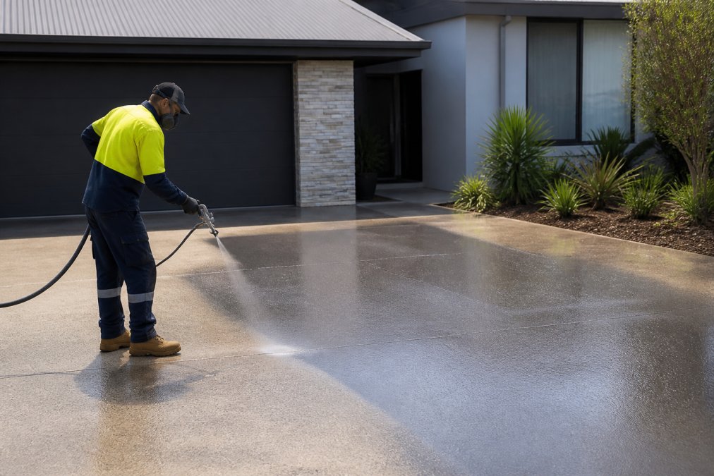 Professional applicator spraying protective concrete sealers onto a residential driveway in Perth