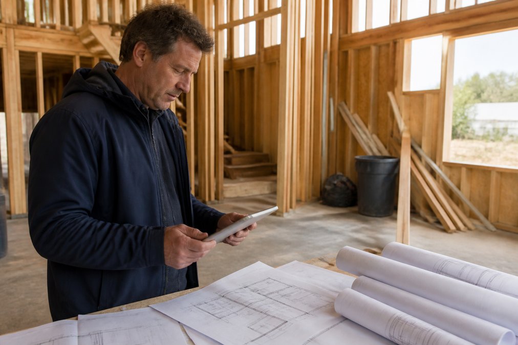 Homeowner reviewing renovation budget on tablet at construction site with blueprints and building materials visible in background, natural daylight